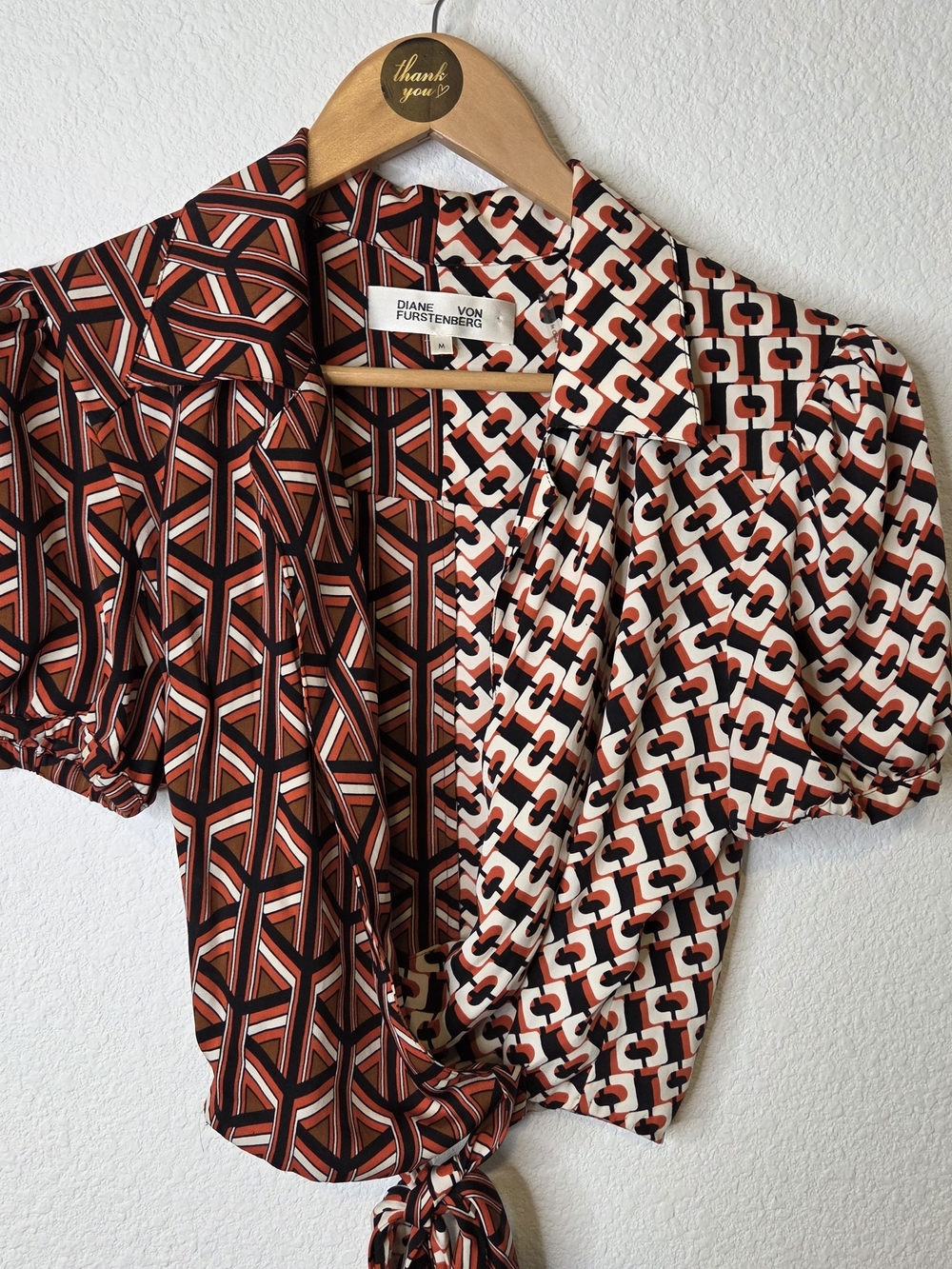 Diane Von Furstenberg OrangeBlack White Geometric Mixed-Print Wrap Blouse Size M